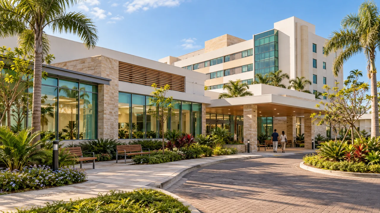 Ilustração fotográfica de uma clínica integrada a um edifício hospitalar, com jardim e entrada coberta.