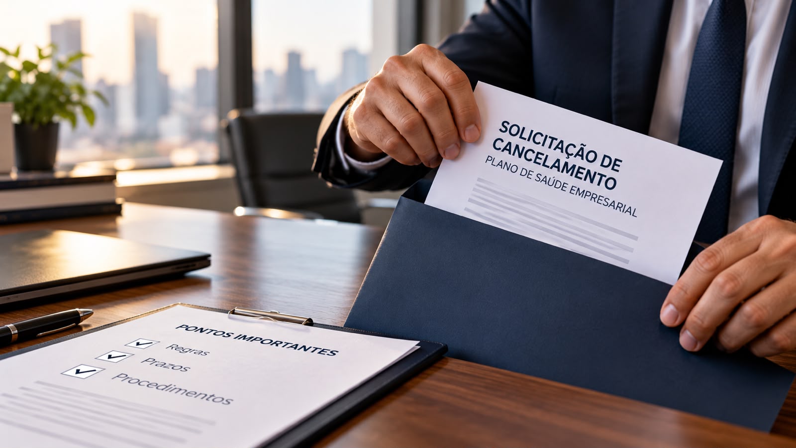 Empresário formaliza solicitação de cancelamento de plano de saúde empresarial ao lado de checklist com regras, prazos e procedimentos