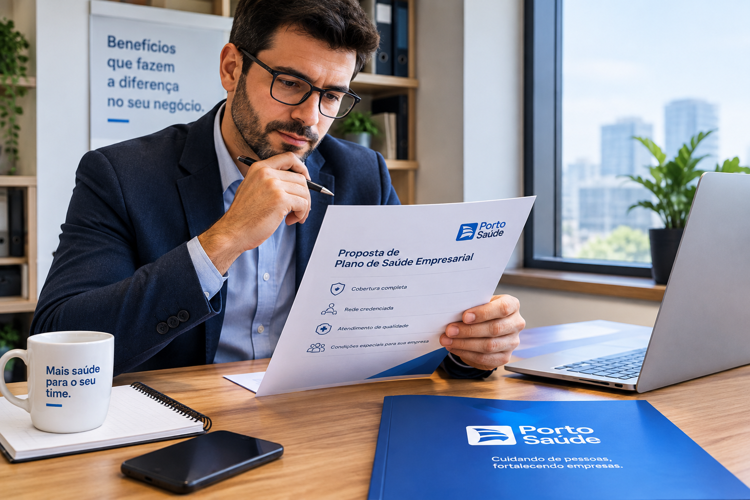 Homem no escritório analisando a proposta da porto
