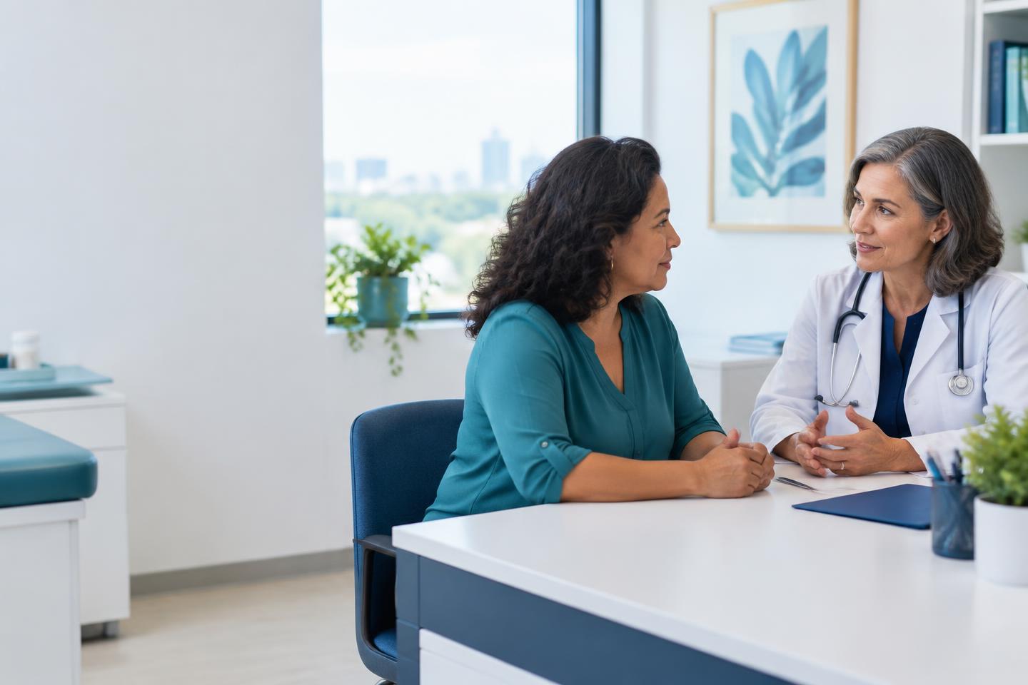 Paciente conversando com uma médica em consultório, imagem ilustrativa