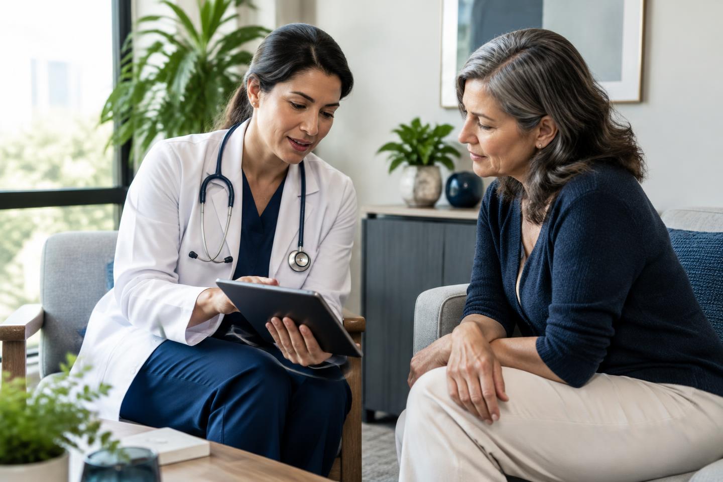 Médica conversando com paciente, imagem ilustrativa