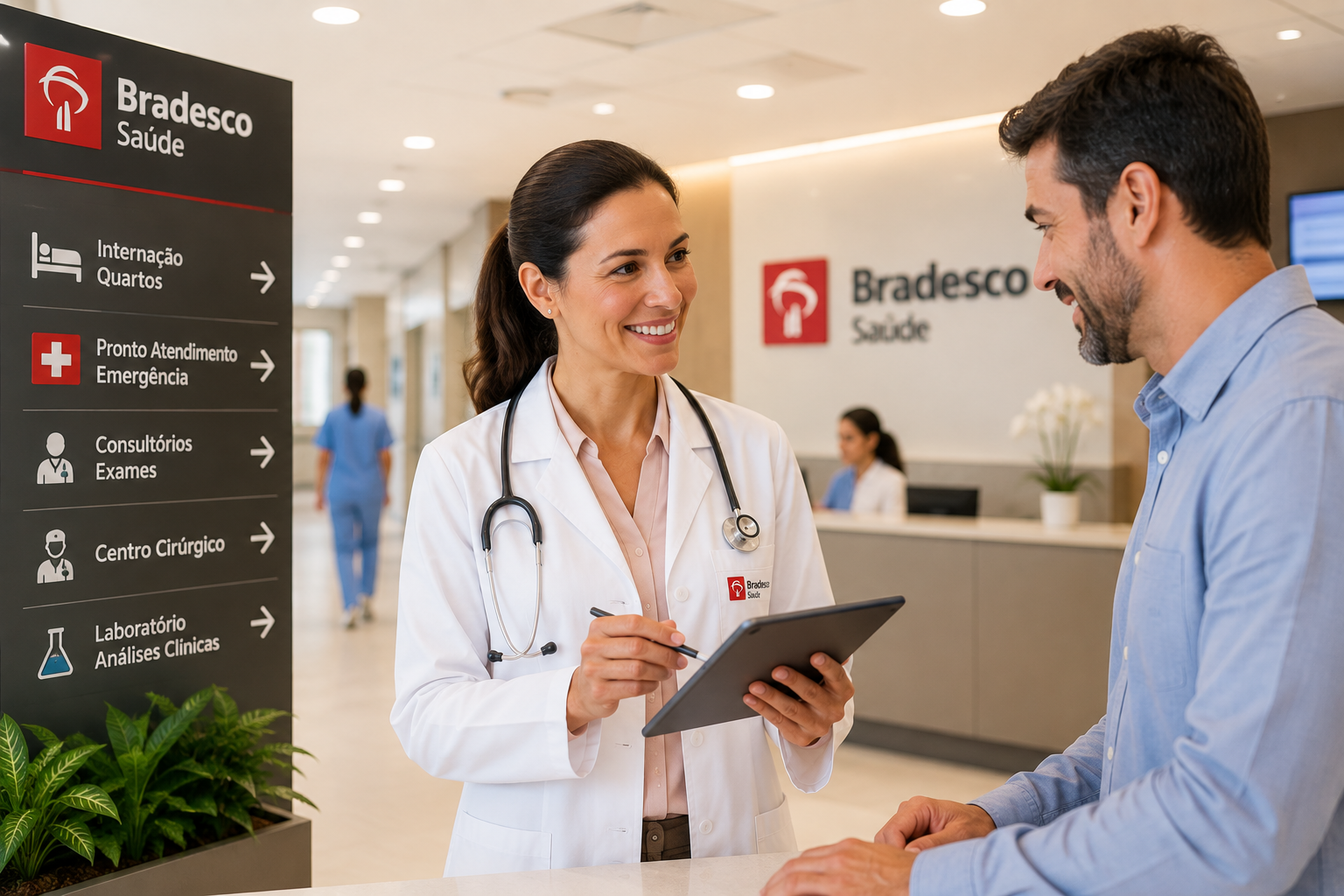 Uma médica e um cliente em um hospital