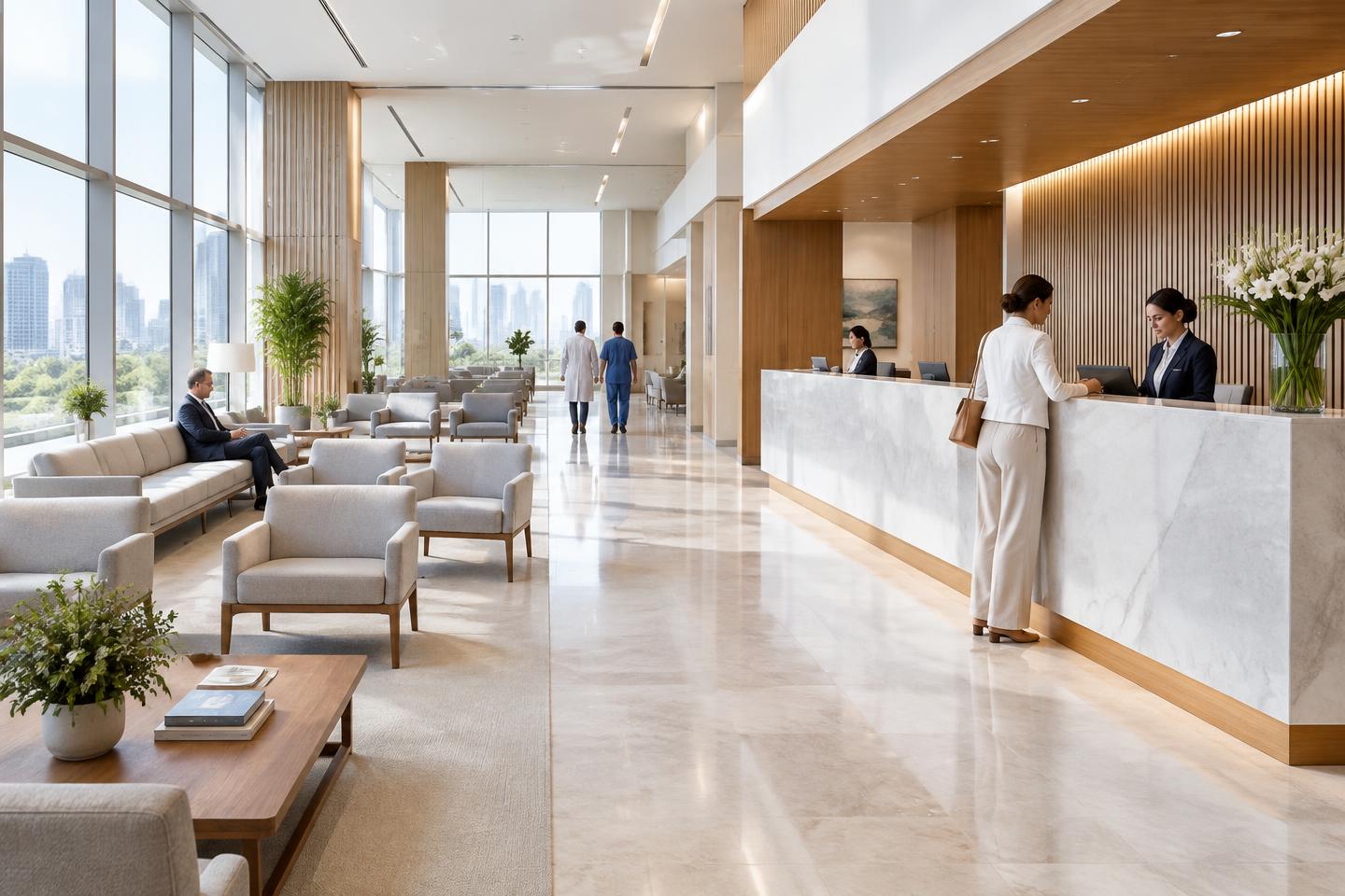 Recepção de hospital contemporâneo, imagem ilustrativa